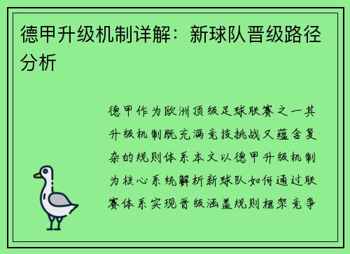 德甲升级机制详解：新球队晋级路径分析