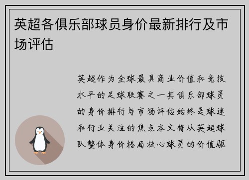 英超各俱乐部球员身价最新排行及市场评估